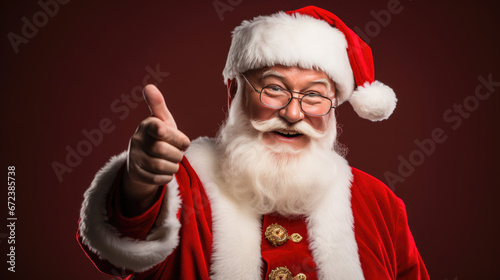 Santa Claus in his iconic red and white attire is joyfully pointing forward with a warm  inviting smile  embodying the spirit of Christmas.