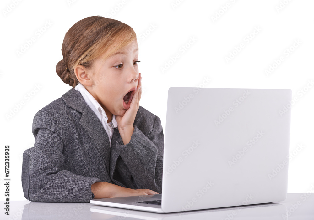 Child, business and laptop or shock play outfit or future boss dream, isolated on transparent png background. Girl, suit and glasses for study work internet for cosplay worker, funny or kindergarten Child, business and laptop or shock play outfit or future boss dream, isolated on transparent png background. Girl, suit and glasses for study work internet for cosplay worker, funny or kindergarten