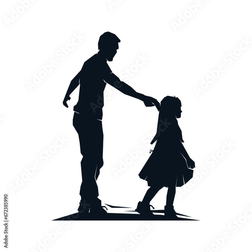 Father with daughter silhouette. Happy family, dad and cute little girl holding hands. Vector clip art illustration