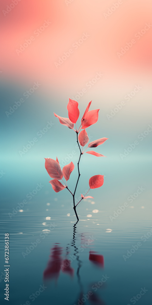 red flowers grow near a lake, in the style of soft, muted color palette