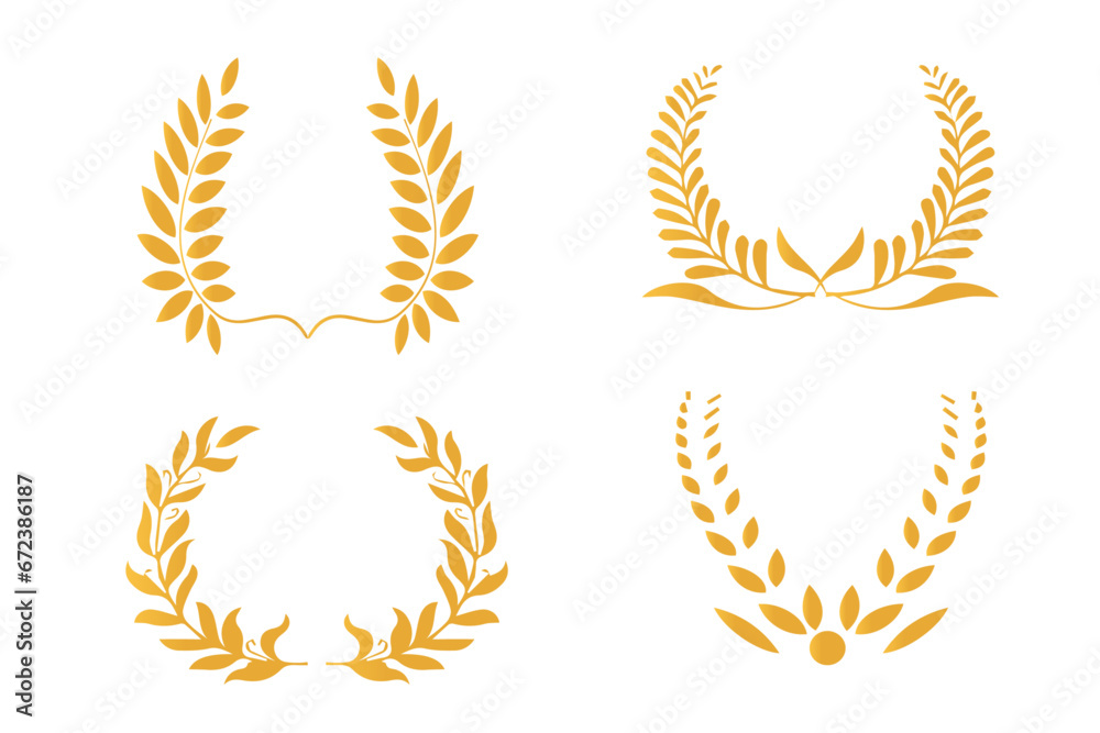 Laurel gold vector illustration in white background. Circular laurel foliate, wheat and oak wreaths depicting an award, achievement, heraldry, nobility on white background. Emblem floral greek branch Laurel gold vector illustration in white background. Circular laurel foliate, wheat and oak wreaths depicting an award, achievement, heraldry, nobility on white background. Emblem floral greek branch