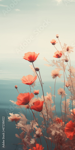 red flowers grow near a lake, in the style of soft, muted color palette