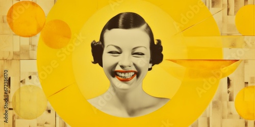 Collage in dadaism style, smiling woman in yellow circle