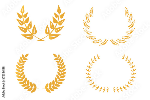 Laurel gold vector illustration in white background. Circular laurel foliate, wheat and oak wreaths depicting an award, achievement, heraldry, nobility on white background. Emblem floral greek branch 
