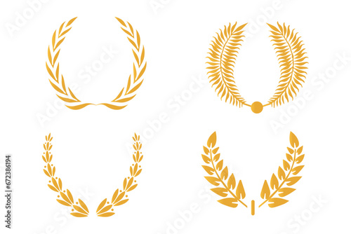 Laurel gold vector illustration in white background. Circular laurel foliate, wheat and oak wreaths depicting an award, achievement, heraldry, nobility on white background. Emblem floral greek branch  © CzakaU