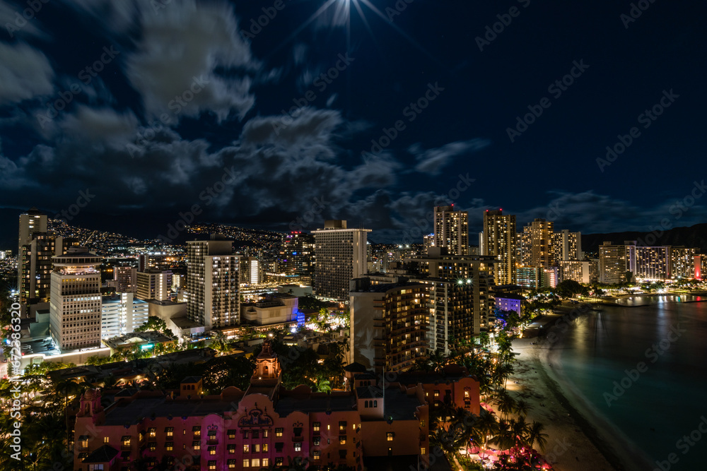 Scenic aerial panoramic night Waikiki Beach vista, Honolulu, Hawaii