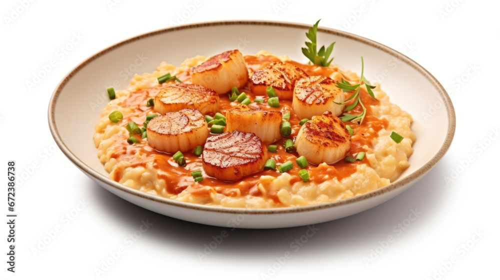 A bowl of pasta with scallops and peas, tasty risotto dish.