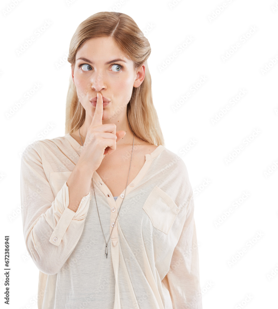 Isolated woman, silence and finger on lips with sign, secret deal or thinking of promo by transparent png background. Girl, hand and mouth with icon, whisper or gossip for quiet voice, news or drama Isolated woman, silence and finger on lips with sign, secret deal or thinking of promo by transparent png background. Girl, hand and mouth with icon, whisper or gossip for quiet voice, news or drama