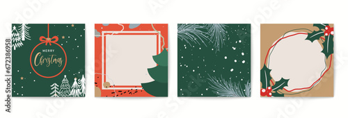 Christmas joy festive square covers design templates. New Year theme colored poster background blank flyer with trees, bauble shape and holiday shapes.