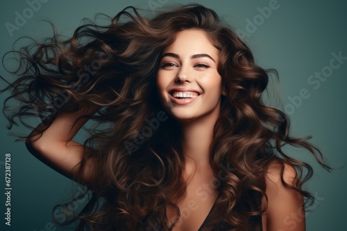 Beautiful laughing brunette model girl with long curly hair on a green background