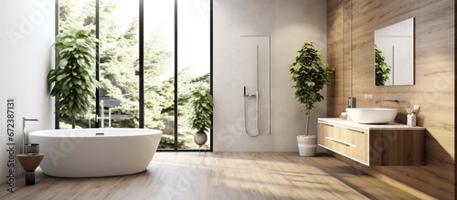 Interior design wooden bathroom  White tub and green plants. AI generated image