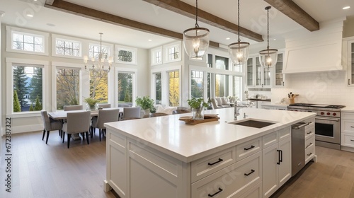 Traditional kitchen in beautiful new luxury home with hardwood floors, wood beams, and large island quartz counters. Includes farmhouse sink, elegant pendant lights, and large windows 