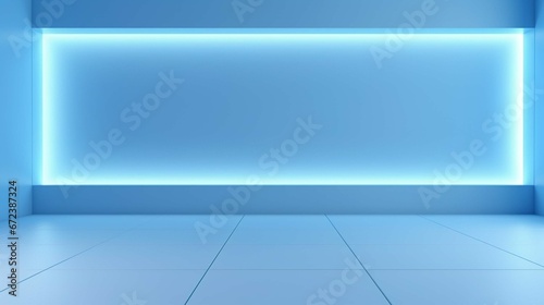 Universal minimalistic blue background for presentation. A light blue wall in the interior with beautiful built-in lighting and a smooth floor. 