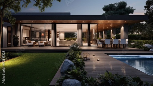 View of luxurious modern house exterior with dining space and garden  © Areesha