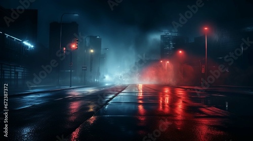 Wet asphalt, reflection of neon lights, a searchlight, smoke. Abstract light in a dark empty street with smoke, smog. Dark background scene of empty street, night view, night city. 