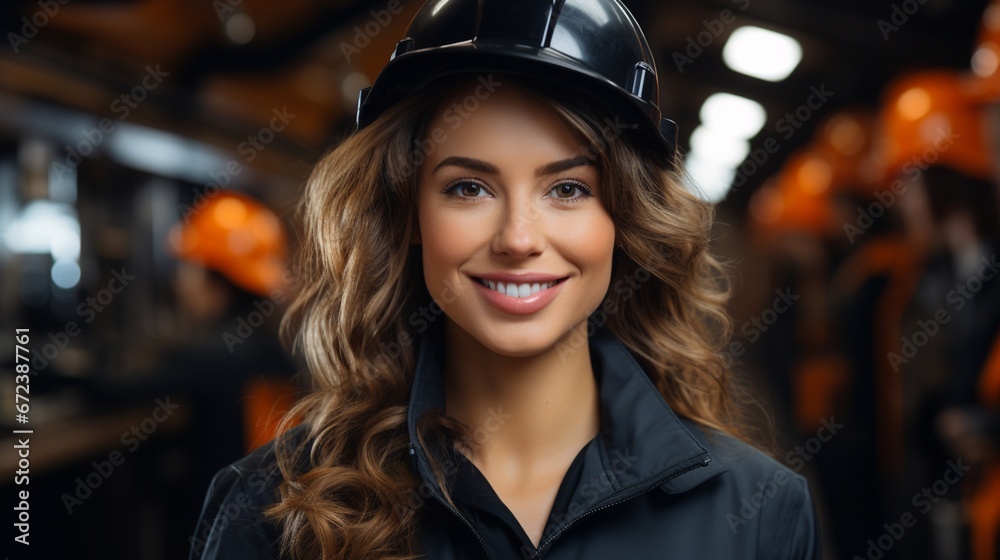 Portrait of a smiling female engineer in uniform and safety helmet at her workplace.