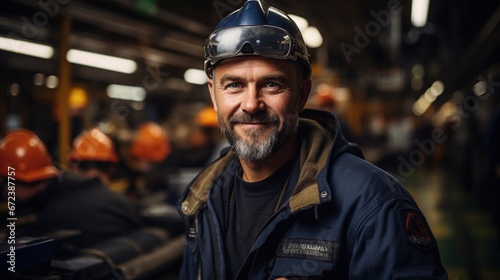 Portrait of male engineer in uniform and protective helmet at workplace.