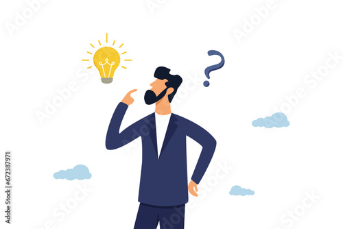 Thoughtful businessman thinking about solving a problem with a light bulb and a question mark. Solution to solve a problem, asking questions and answers, discovering an idea, solving business difficul