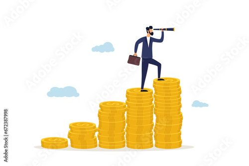 Visionary, look to the future or look for opportunities. Financial success, achieving financial freedom, monetary achievements or making a profit, a businessman looks through a telescope to see a busi
