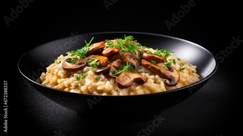 A bowl of risotto with mushrooms and parsley, tasty risotto dish.