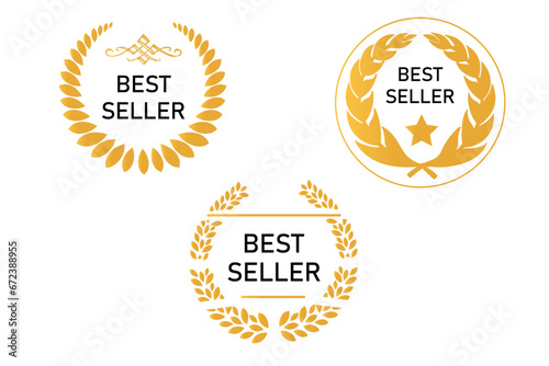 Sticker best seller set isolated premium quality in gold color perfect for mark best seller product. Best seller badge collection. Set of best seller emblem with laurel wreath, crown and star icon.