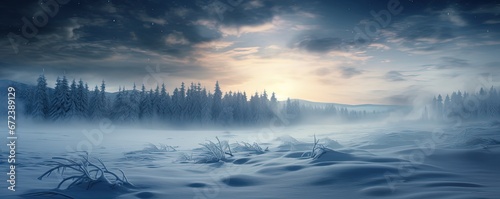 beautiful winter nature landscape covered with snow, misty fog, Generative Ai