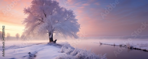 beautiful winter nature landscape covered with snow, big tree covered with ice, Generative Ai