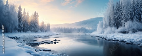 beautiful winter nature landscape covered with snow, wooden cottage at river side, Generative Ai