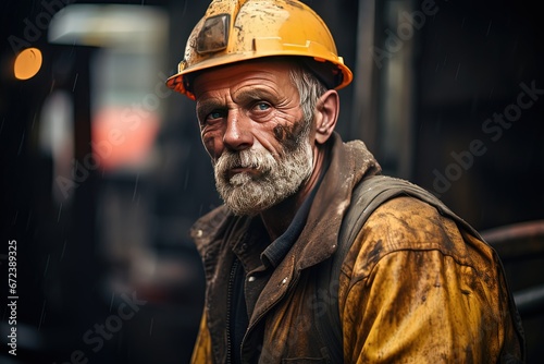 closeup portrait of an old labor man wearing safety hat and dirty shirt, Generative Ai