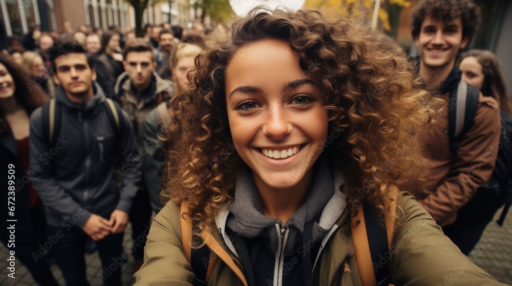 Multiethnic students taking a selfie outside.