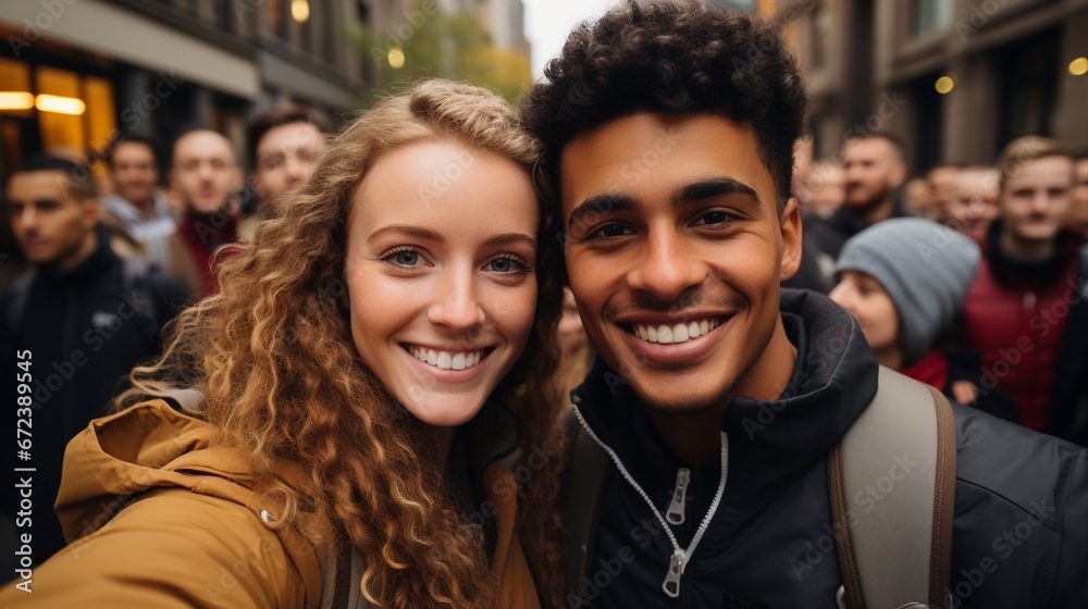 Multiethnic students taking a selfie outside.