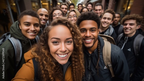 Multiethnic students taking a selfie outside. © EUDPic