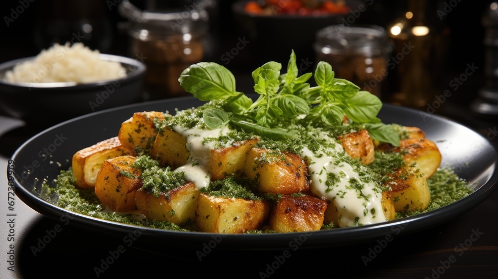 A black plate topped with potatoes covered in sauce, potato gnokki with pesto A black plate topped with potatoes covered in sauce, potato gnokki with pesto