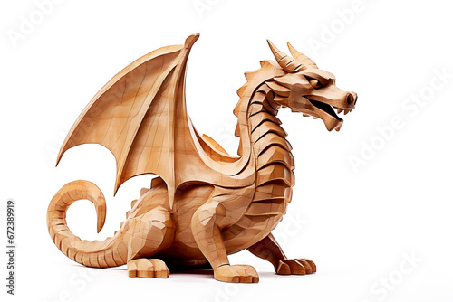 Wooden figure of realistic dragon made by wood carving isolated on white background. Symbol of 2024