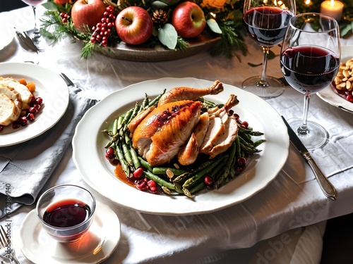 Thanksgiving feast with sliced turkey atop green beans, paired with red wine and festive apple centerpiece, capturing the essence of holiday dining. Happy Thanksgiving Scene. Generative AI.