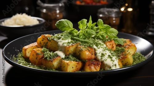 A black plate topped with potatoes covered in sauce, potato gnokki with pesto