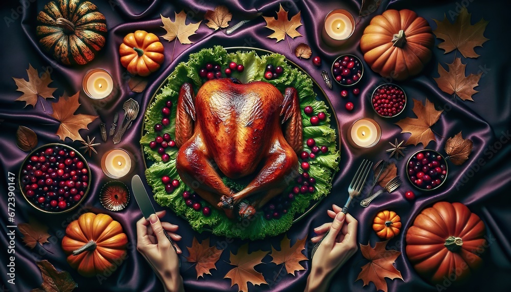 Thanksgiving top view of a gleaming roasted turkey, surrounded by vibrant pumpkins, autumn leaves, and glowing candles. Hands poised for a festive feast. Happy Thanksgiving Scene. Generative AI.