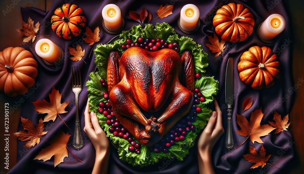 Thanksgiving top view of a gleaming roasted turkey, surrounded by vibrant pumpkins, autumn leaves, and glowing candles. Hands poised for a festive feast. Happy Thanksgiving Scene. Generative AI.