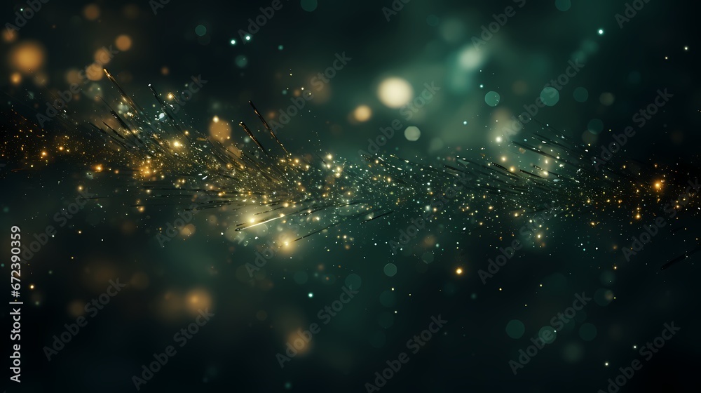Naklejka premium An abstract backdrop with deep emerald green and rich bronze particles. Radiant autumnal light shine particles bokeh on a forest green background. Bronze foil texture generated with AI technology