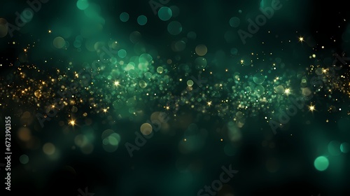 An abstract backdrop with deep emerald green and rich bronze particles. Radiant autumnal light shine particles bokeh on a forest green background. Bronze foil texture generated with AI technology