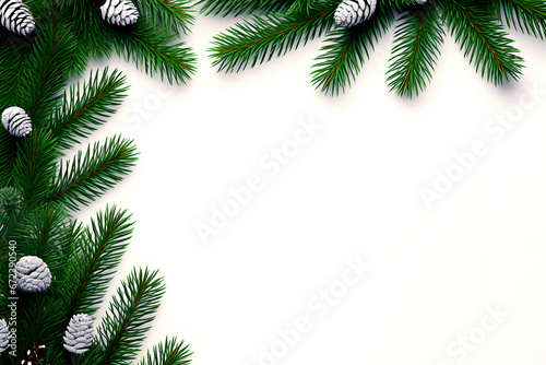 Fresh spruce paws with needles and cones around empty white space for design information and mockup