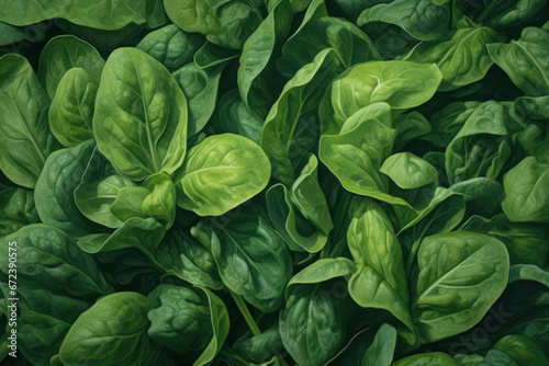 A lush bed of vibrant green spinach leaves, fresh and radiant, showcasing the intricate veins and curves of nature.
