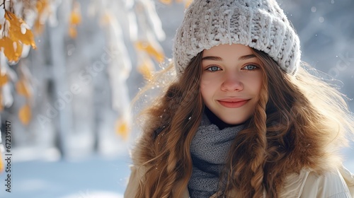 close up portrait of pretty young girl smiling while travel in winter park, nature landscape background, Generative Ai
