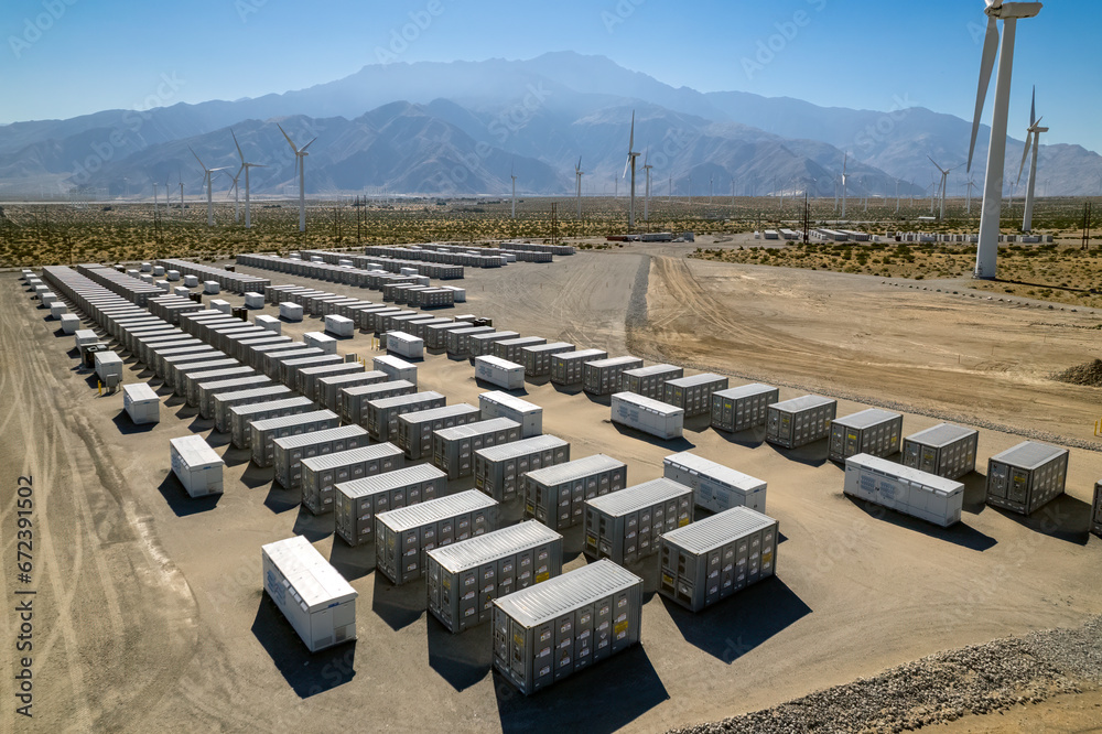 Battery storage array at power plant in the desert near Palm Springs - obrazy, fototapety, plakaty 