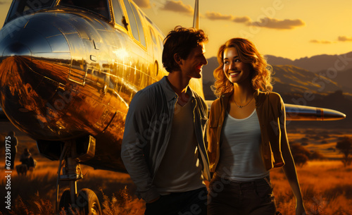 A Couple Embracing in Front of an Airplane at Sunset