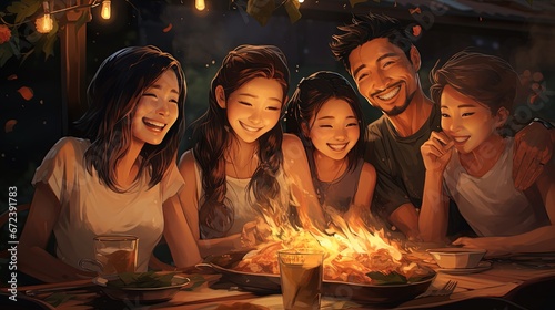 cartoon illustration, group of neighborhood friends woman and man has barbecue party in the backyard, Generative Ai