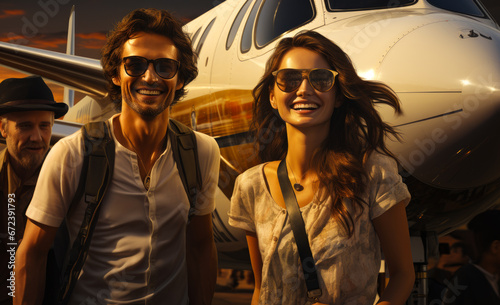A Couple Posing Beside an Airplane on a Sunny Day