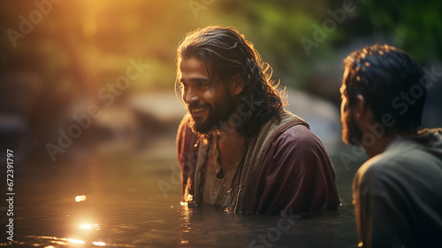 Jesus being baptized by John the Baptist, Life of Jesus, blurred background, with copy space photo