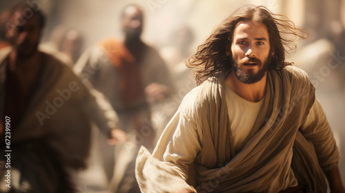 Jesus driving out the money changers from the temple, Life of Jesus, blurred background, with copy space photo