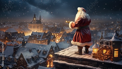 close up portrait of an old man Santa Claus on house roof looking at vintage town view at snow fall night, Christmas night, Generative Ai